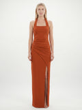 Cinnamon Stretch Knit Column Halter Backless Ankle Bridesmaid Dress with Pleats