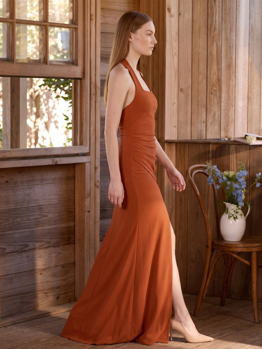 Cinnamon Stretch Knit Column Halter Backless Ankle Bridesmaid Dress with Pleats