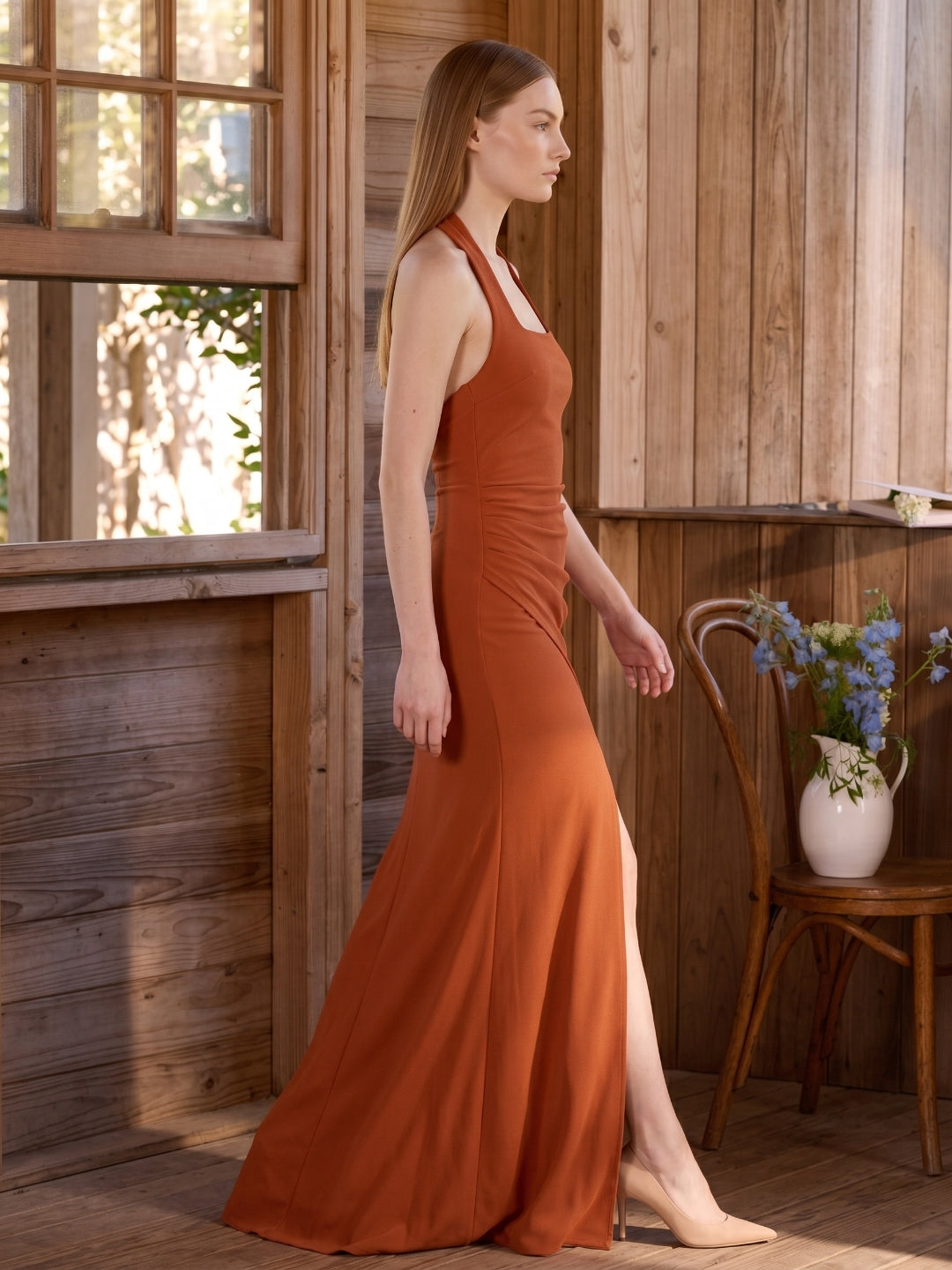 Cinnamon Stretch Knit Column Halter Backless Ankle Bridesmaid Dress with Pleats
