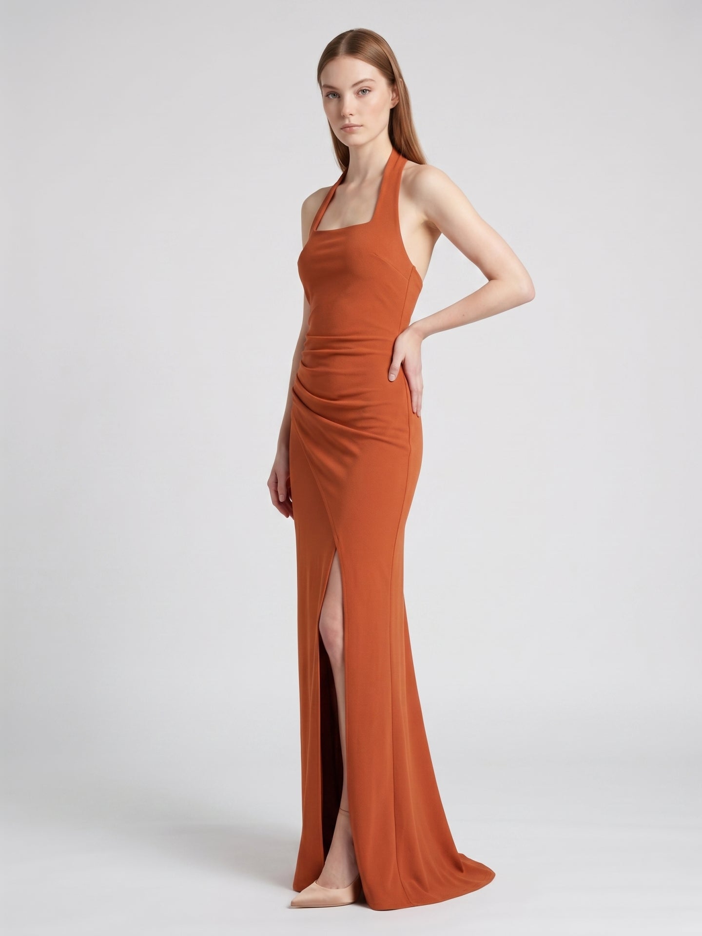 Cinnamon Stretch Knit Column Halter Backless Ankle Bridesmaid Dress with Pleats