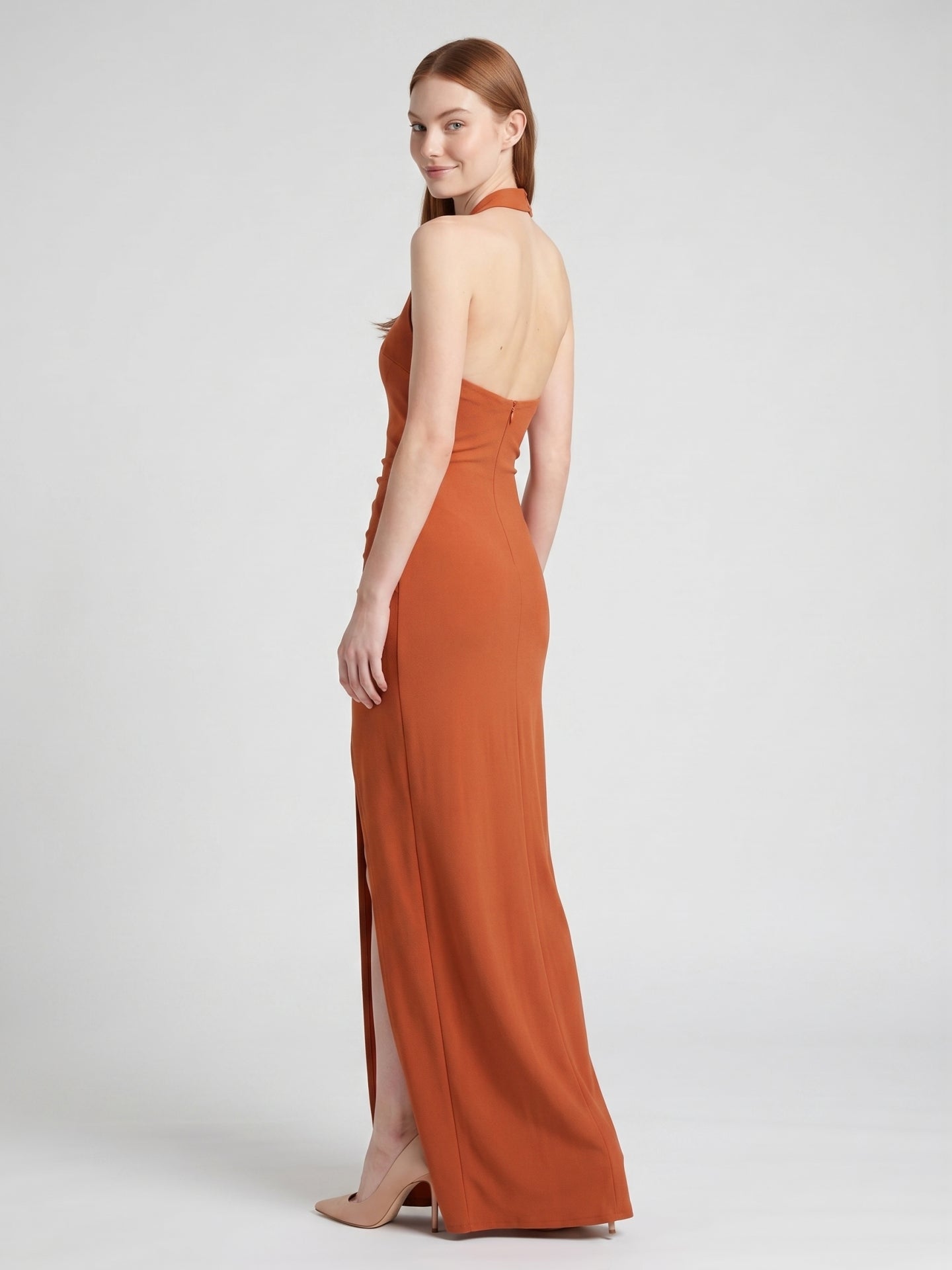 Cinnamon Stretch Knit Column Halter Backless Ankle Bridesmaid Dress with Pleats