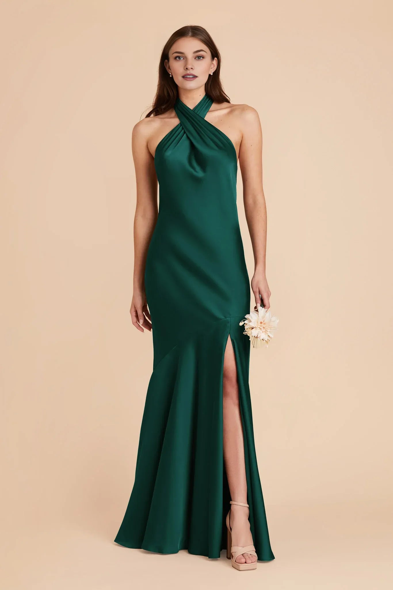 Classic Sheath/Column Halter Neck Sleeveless Satin Pleated Maxi Bridesmaid Dress