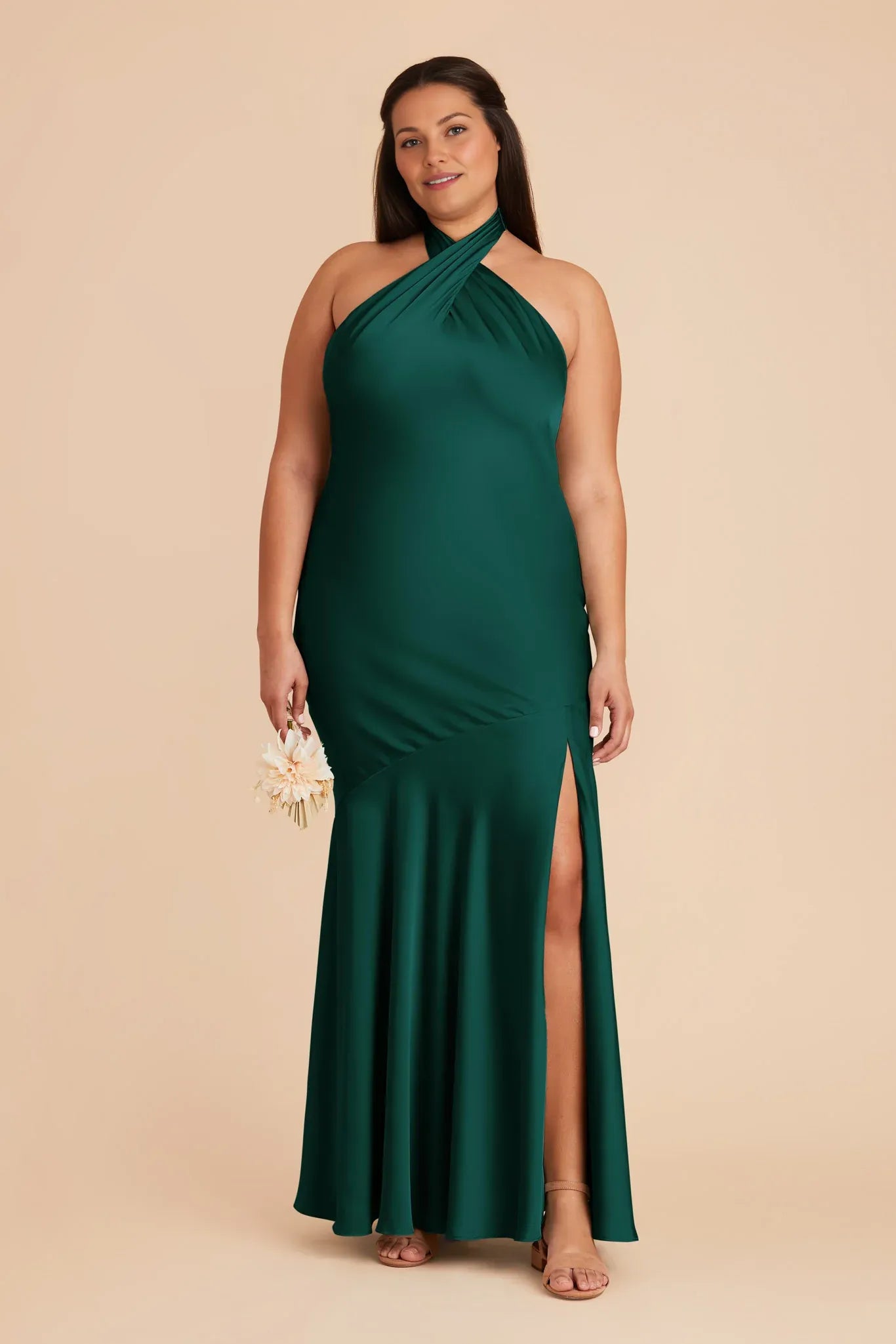 Classic Sheath/Column Halter Neck Sleeveless Satin Pleated Maxi Bridesmaid Dress