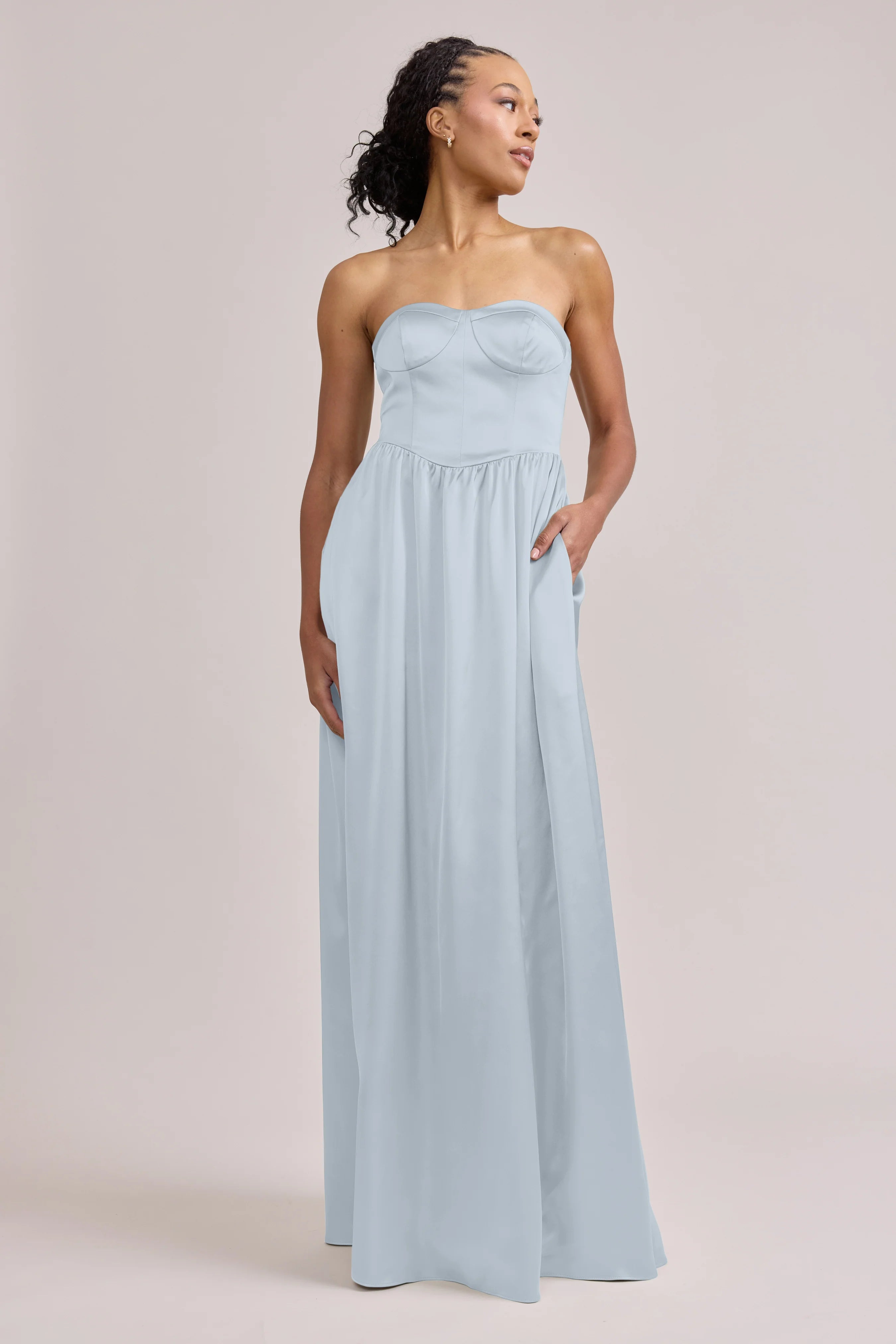 Classic Strapless Bustier Satin A-Line Bridesmaid Dress with Lace-Up Back & Pockets in Sky Blue
