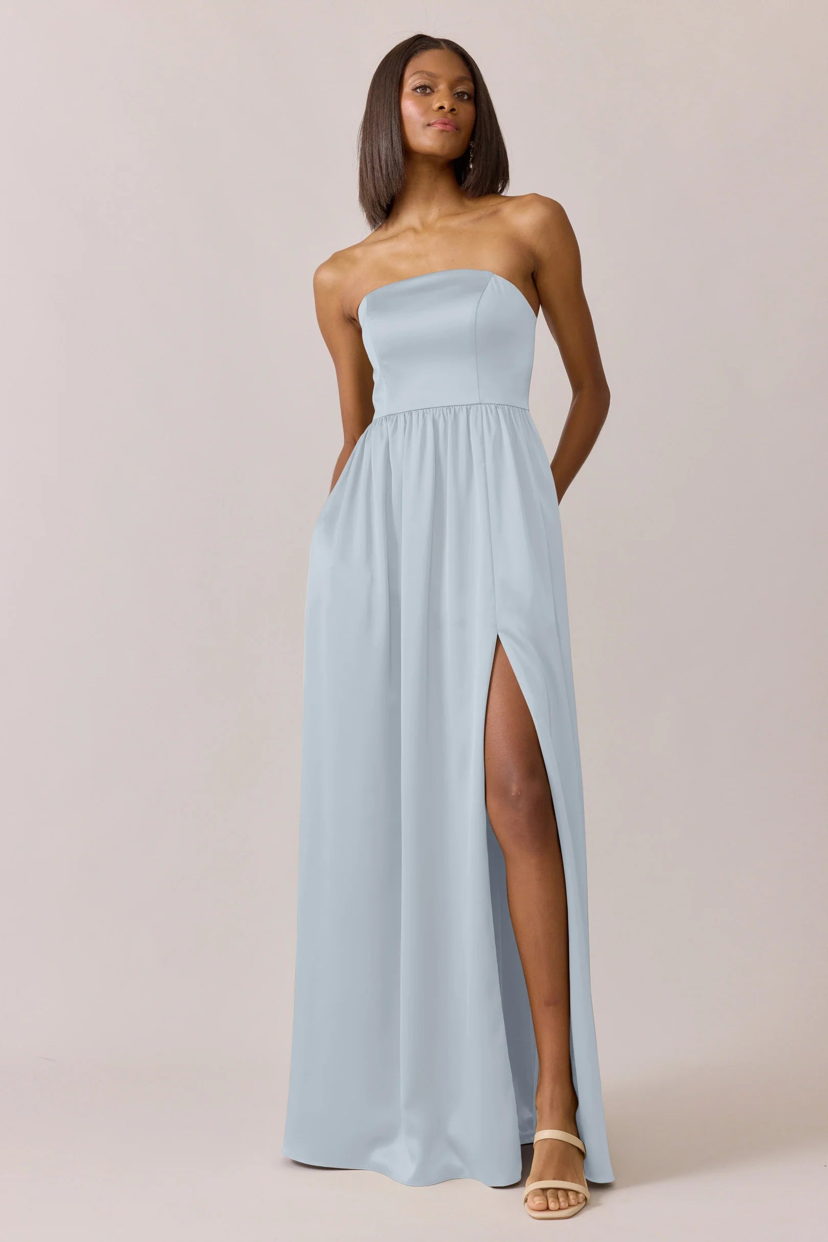 Classic Strapless Satin A-Line Bridesmaid Dress with Pockets & High Slit in Sky Blue