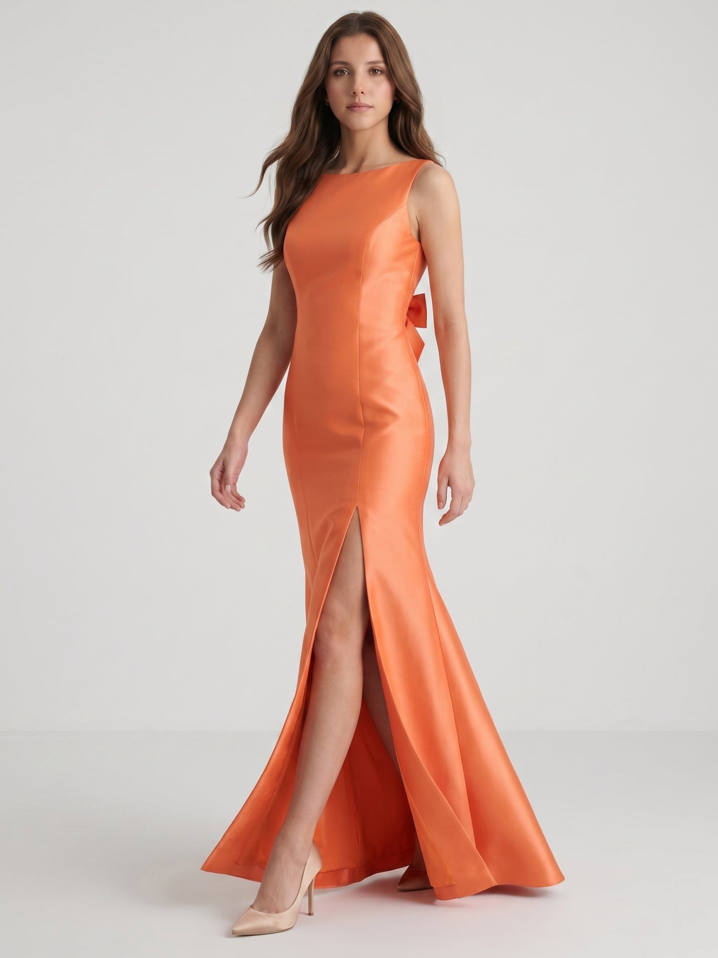 Composed Orange Satin Trumpet Scoop Neck V-Back Floor-Length Bridesmaid Dress with Bow