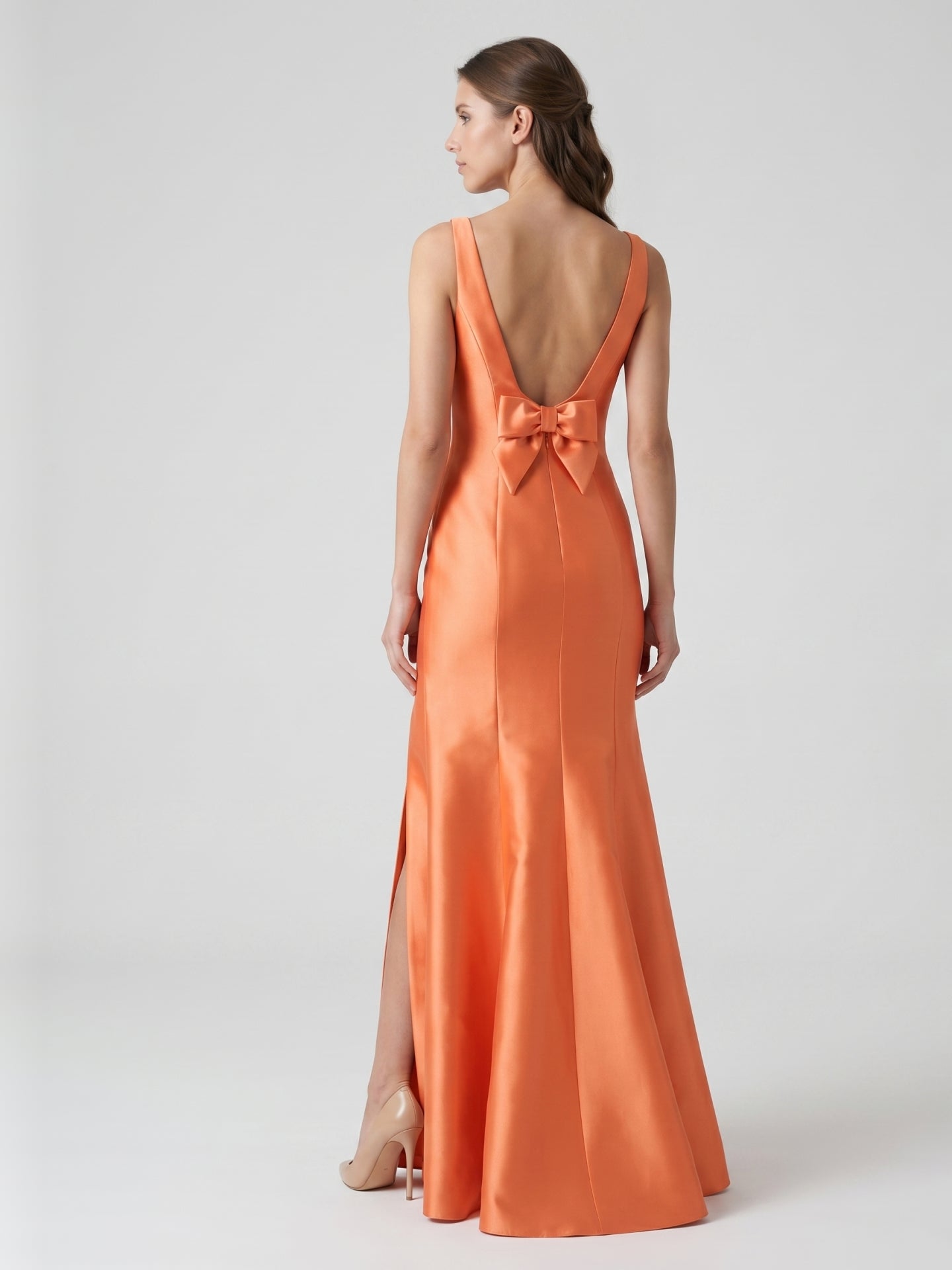Composed Orange Satin Trumpet Scoop Neck V-Back Floor-Length Bridesmaid Dress with Bow