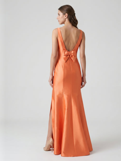 Composed Orange Satin Trumpet Scoop Neck V-Back Floor-Length Bridesmaid Dress with Bow