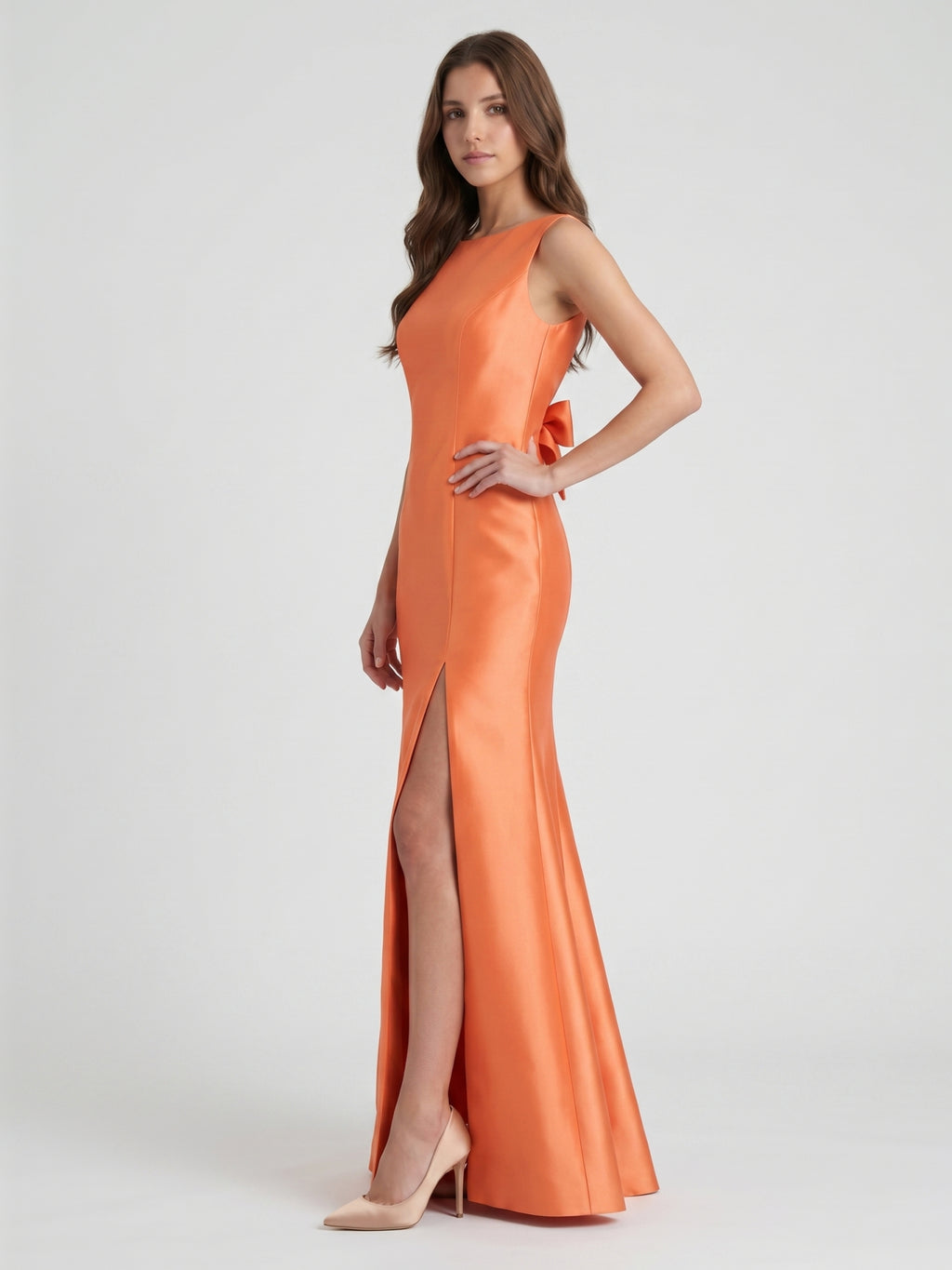 Composed Orange Satin Trumpet Scoop Neck V-Back Floor-Length Bridesmaid Dress with Bow