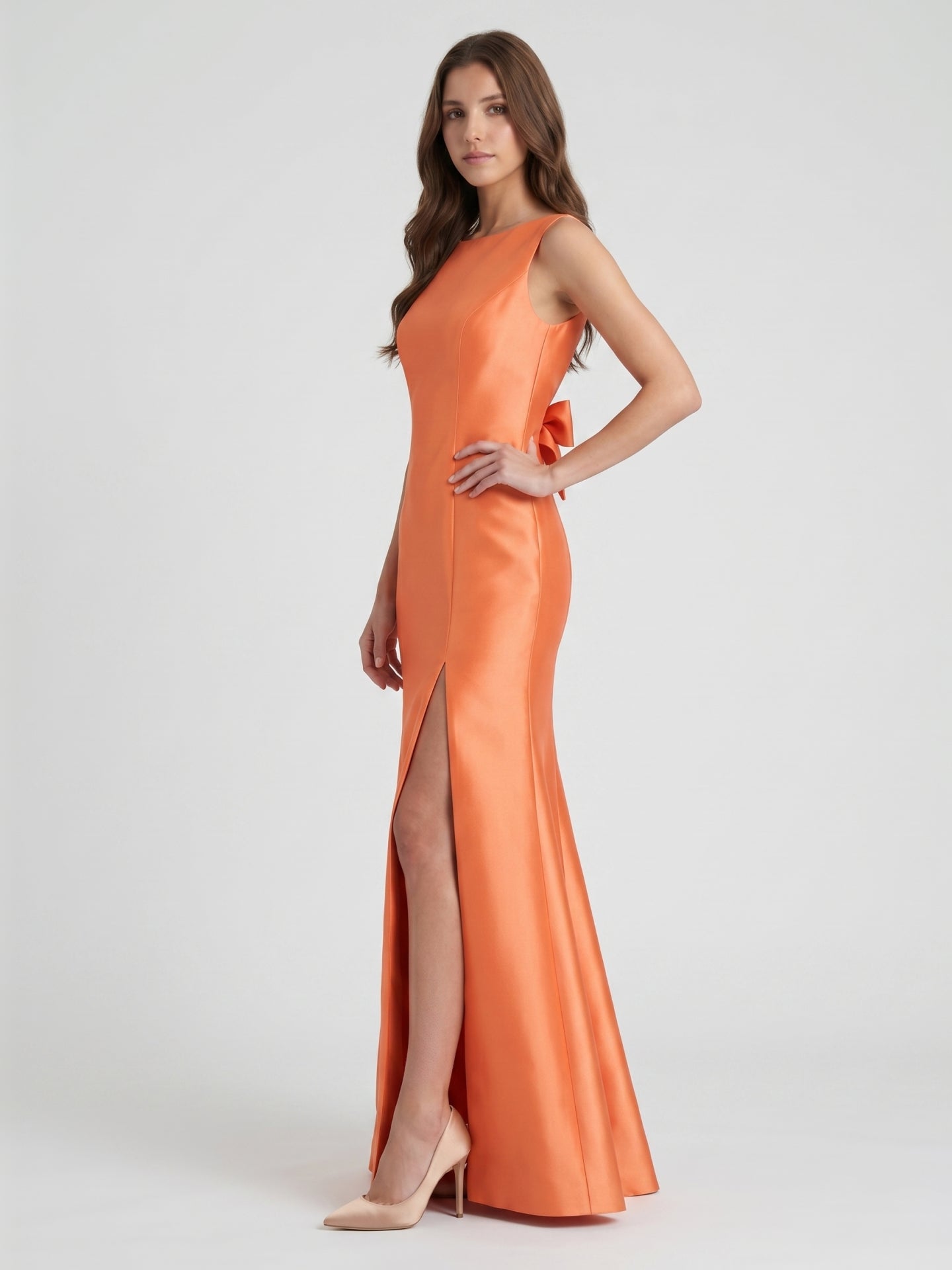 Composed Orange Satin Trumpet Scoop Neck V-Back Floor-Length Bridesmaid Dress with Bow
