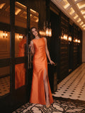 Composed Orange Satin Trumpet Scoop Neck V-Back Floor-Length Bridesmaid Dress with Bow