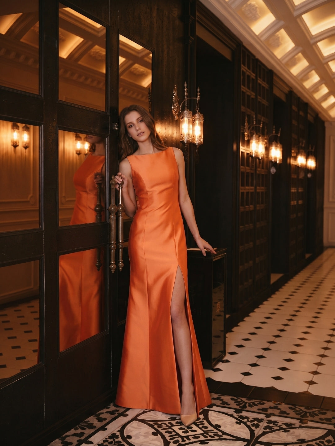 Composed Orange Satin Trumpet Scoop Neck V-Back Floor-Length Bridesmaid Dress with Bow