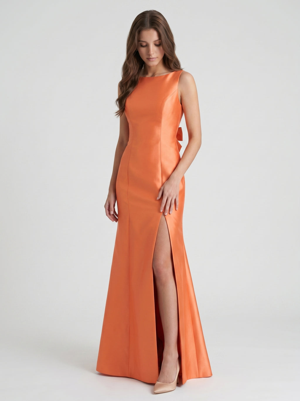Composed Orange Satin Trumpet Scoop Neck V-Back Floor-Length Bridesmaid Dress with Bow
