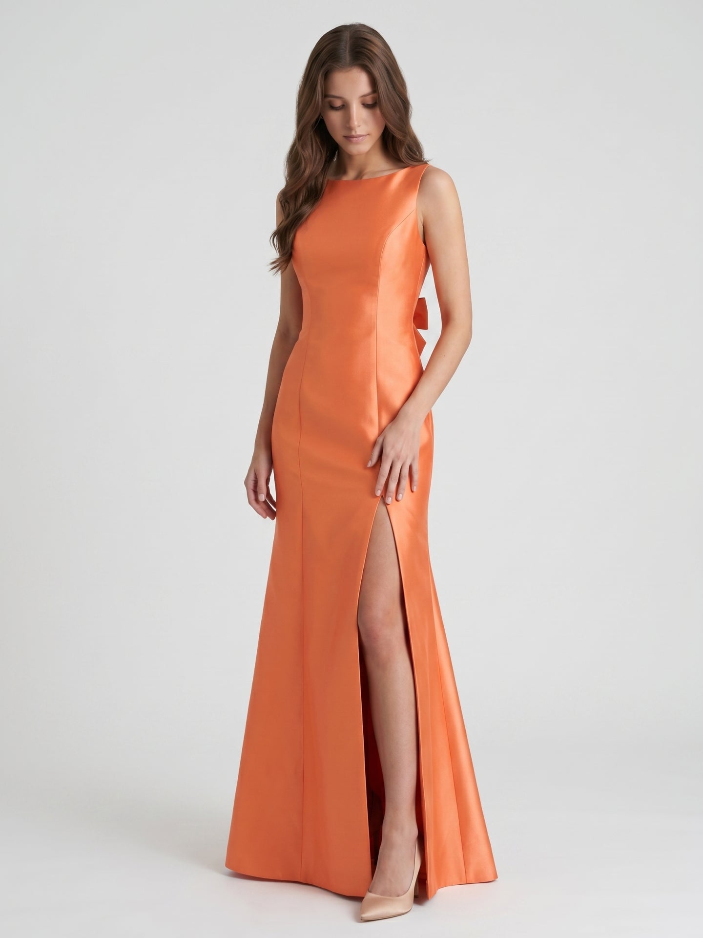 Composed Orange Satin Trumpet Scoop Neck V-Back Floor-Length Bridesmaid Dress with Bow