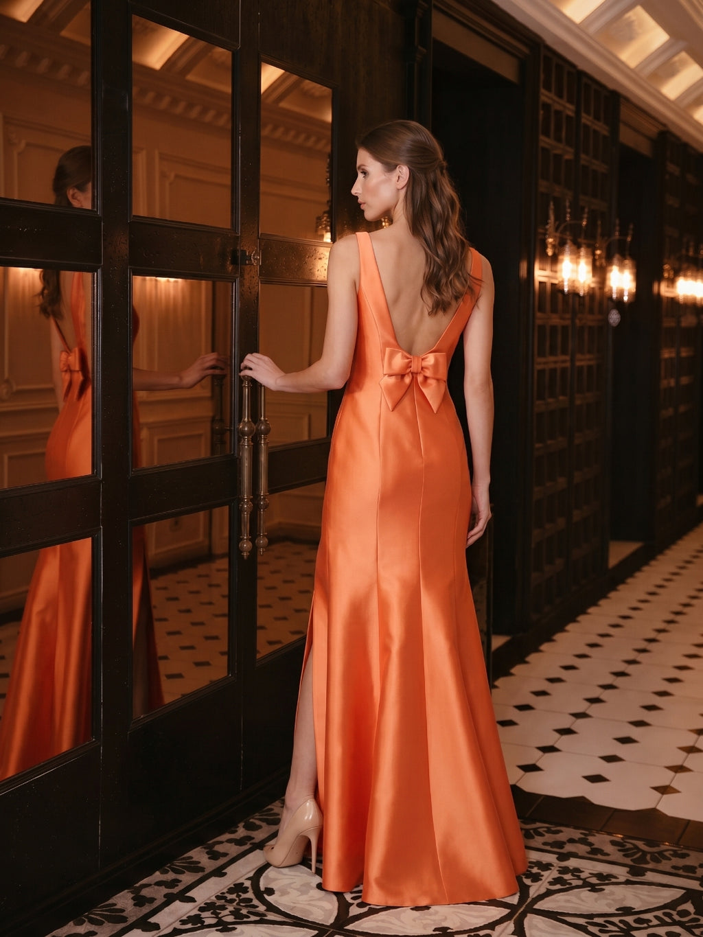 Composed Orange Satin Trumpet Scoop Neck V-Back Floor-Length Bridesmaid Dress with Bow