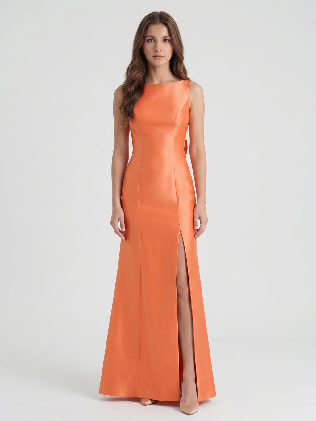 Composed Orange Satin Trumpet Scoop Neck V-Back Floor-Length Bridesmaid Dress with Bow