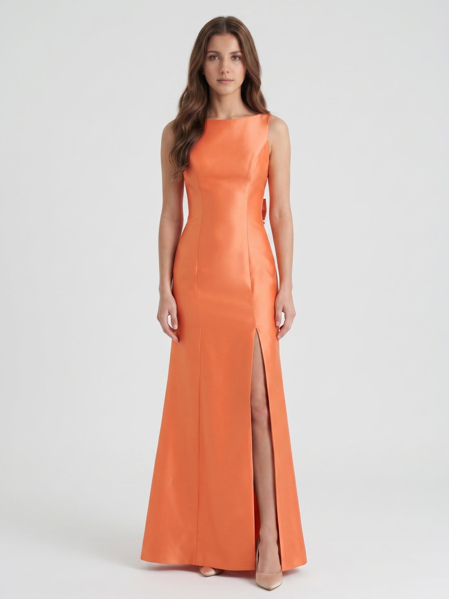 Composed Orange Satin Trumpet Scoop Neck V-Back Floor-Length Bridesmaid Dress with Bow