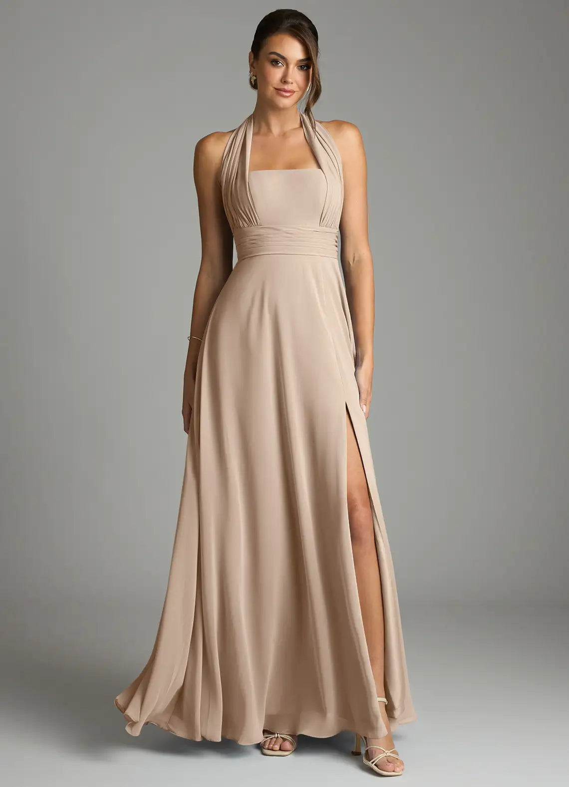 Convertible Halter Bridesmaid Dress with Back Bow, Ruched Waist and High Slit