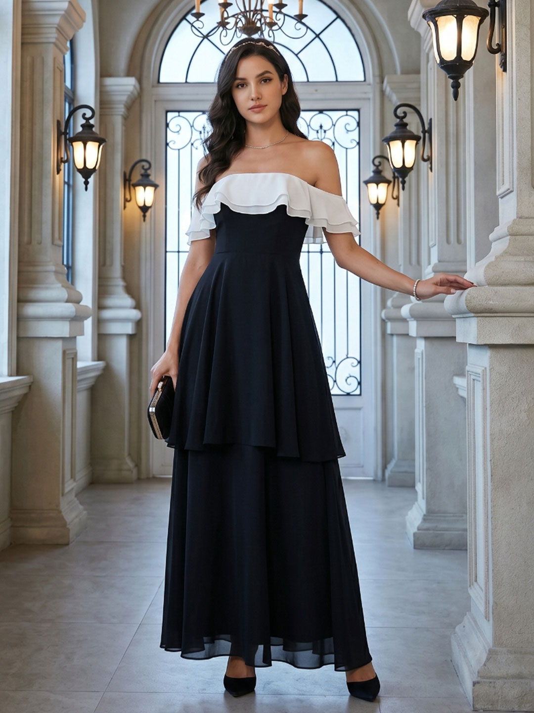 Coquette Black Chiffon A-Line Off-the-Shoulder Ankle-Length Bridesmaid Dress