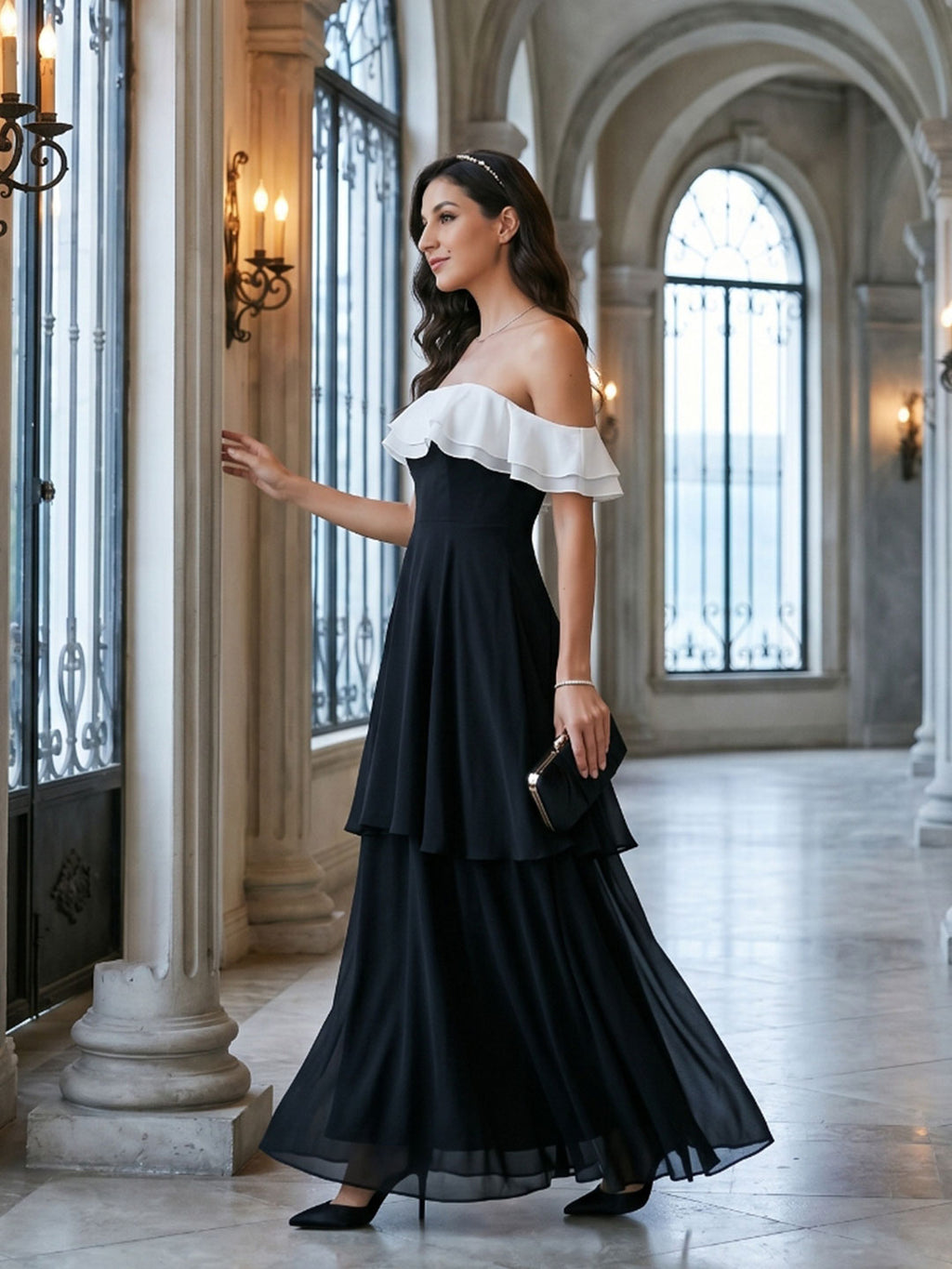 Coquette Black Chiffon A-Line Off-the-Shoulder Ankle-Length Bridesmaid Dress