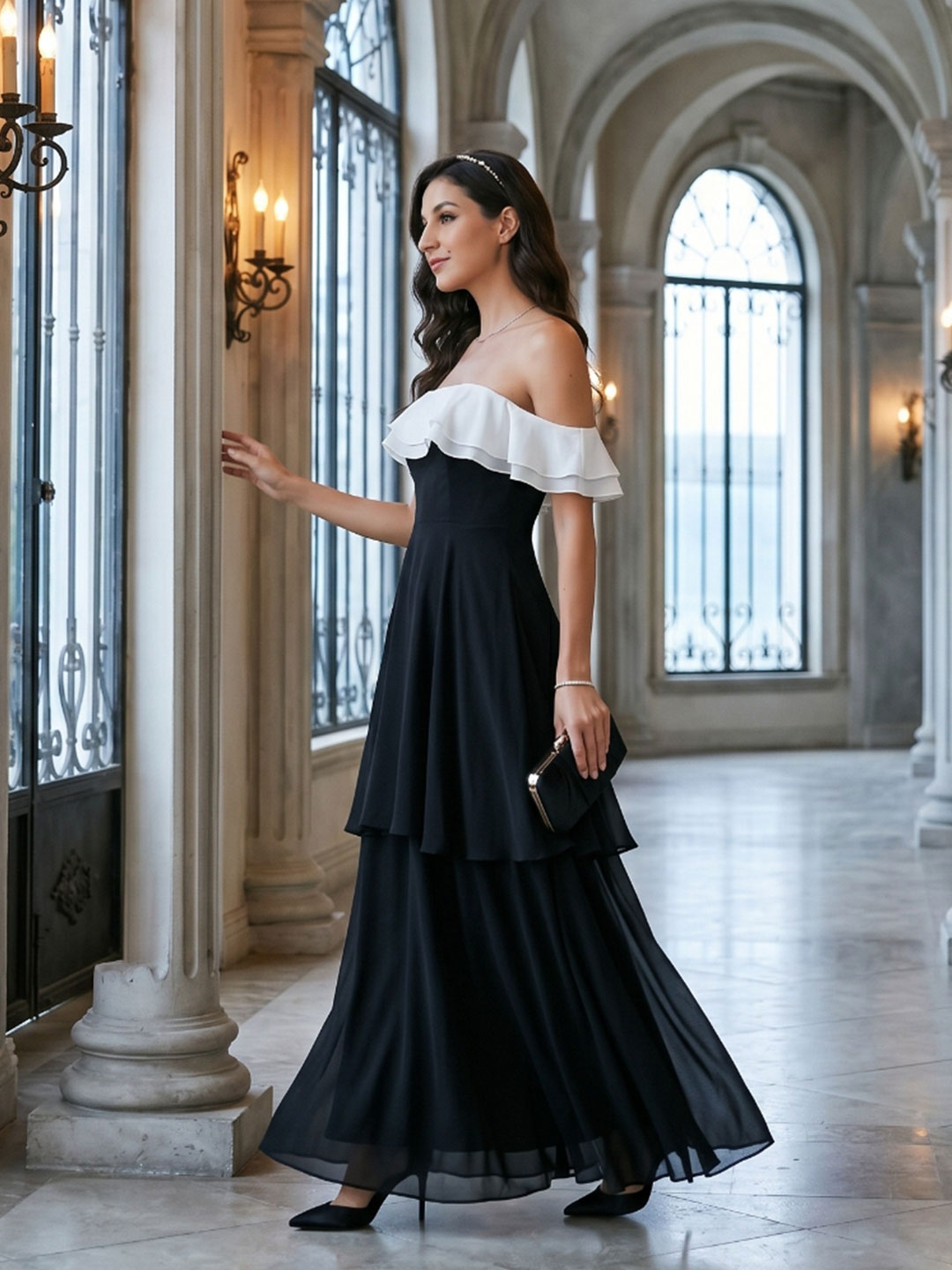 Coquette Black Chiffon A-Line Off-the-Shoulder Ankle-Length Bridesmaid Dress