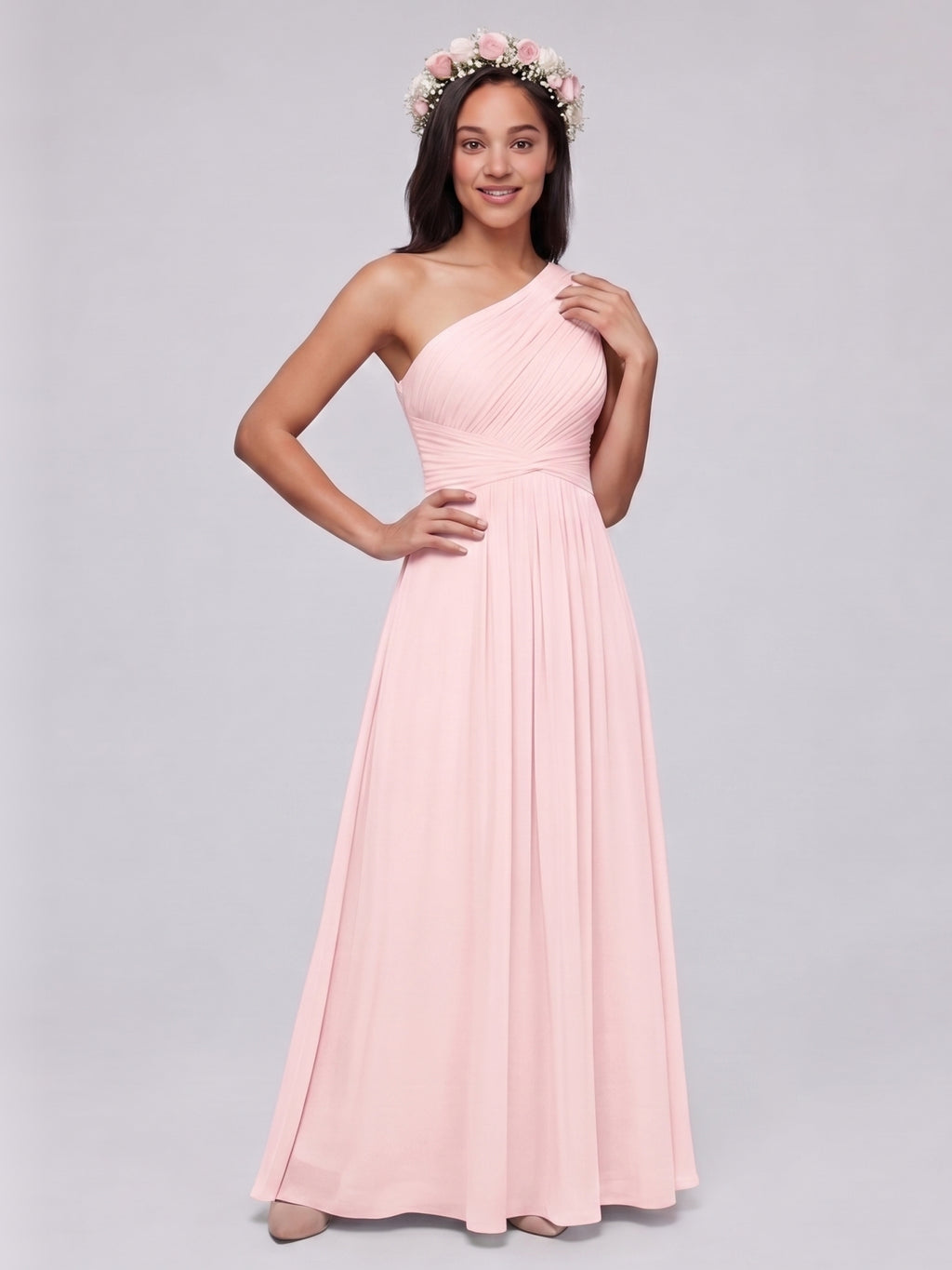 Coquette Blushing Pink Chiffon A-Line One Shoulder Back Zip Ankle-Length Bridesmaid Dress