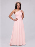 Coquette Blushing Pink Chiffon A-Line One Shoulder Back Zip Ankle-Length Bridesmaid Dress