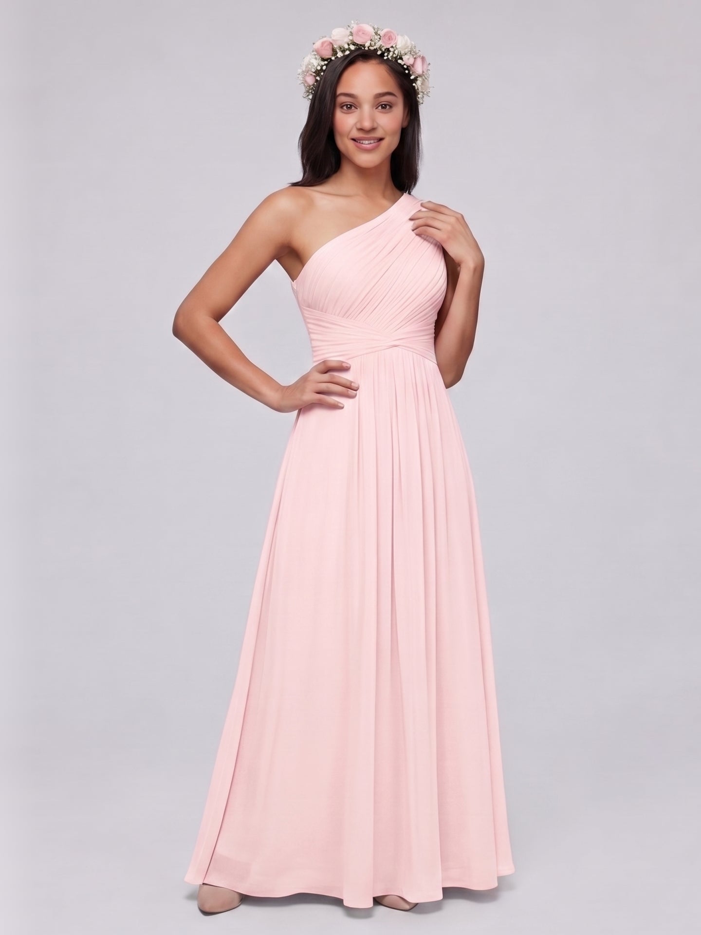 Coquette Blushing Pink Chiffon A-Line One Shoulder Back Zip Ankle-Length Bridesmaid Dress