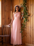 Coquette Blushing Pink Chiffon A-Line One Shoulder Back Zip Ankle-Length Bridesmaid Dress