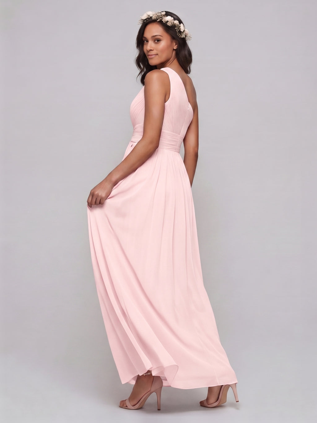 Coquette Blushing Pink Chiffon A-Line One Shoulder Back Zip Ankle-Length Bridesmaid Dress