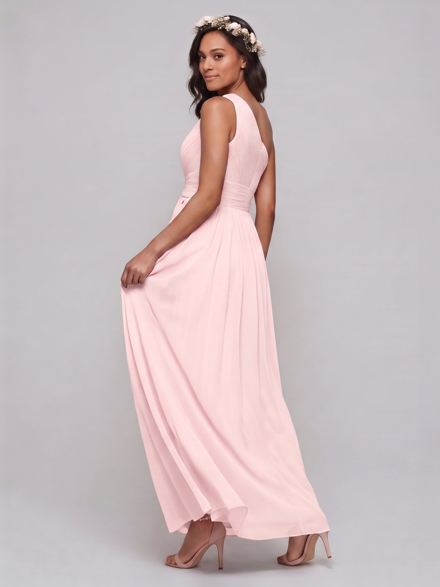 Coquette Blushing Pink Chiffon A-Line One Shoulder Back Zip Ankle-Length Bridesmaid Dress