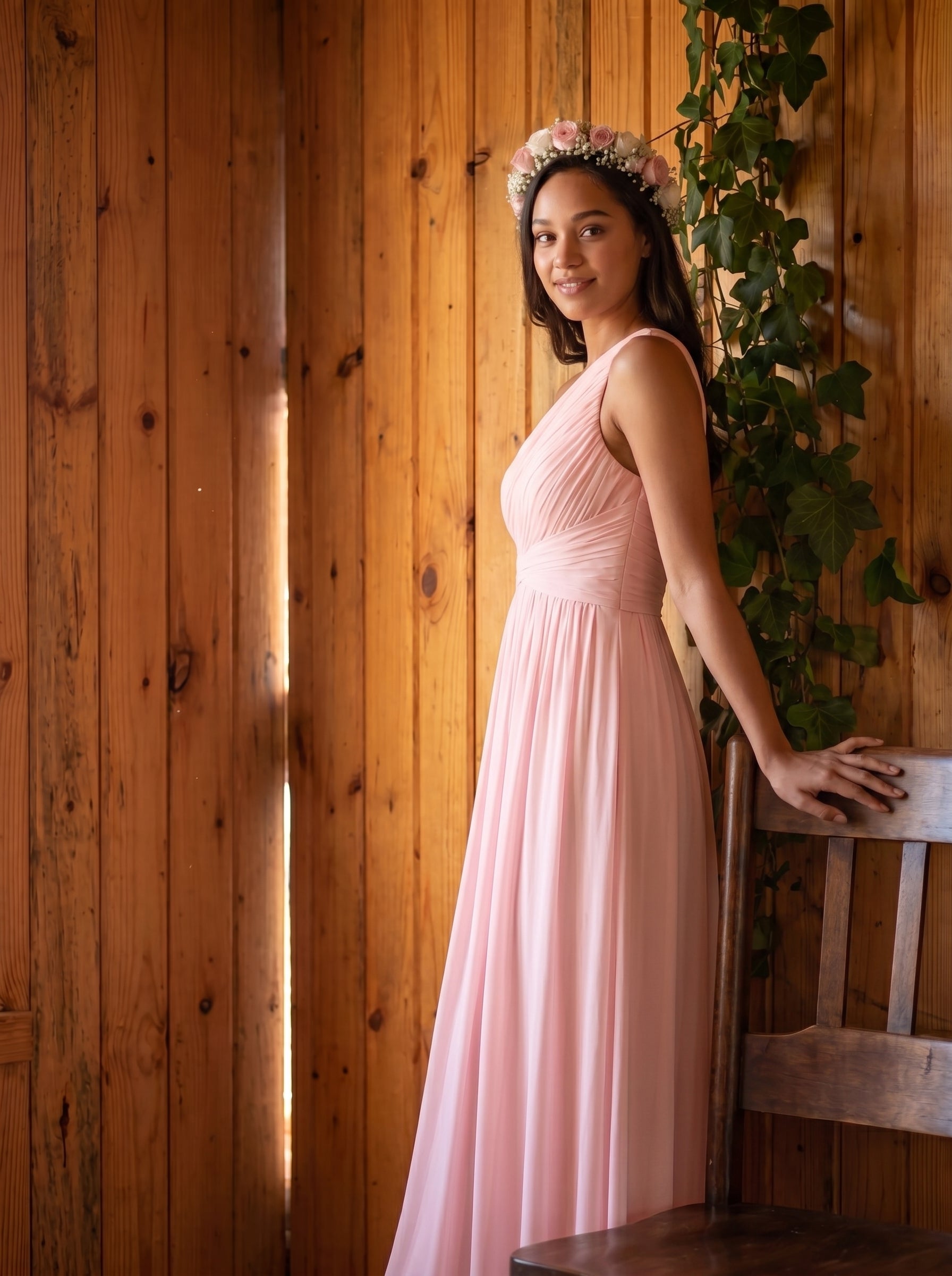 Coquette Blushing Pink Chiffon A-Line One Shoulder Back Zip Ankle-Length Bridesmaid Dress