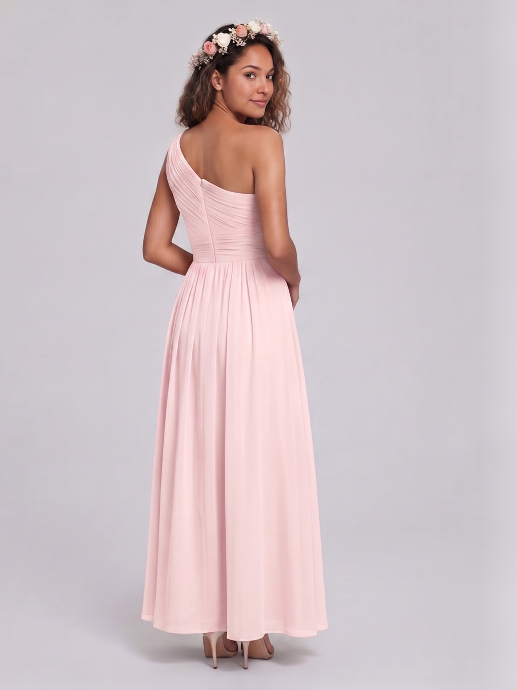 Coquette Blushing Pink Chiffon A-Line One Shoulder Back Zip Ankle-Length Bridesmaid Dress