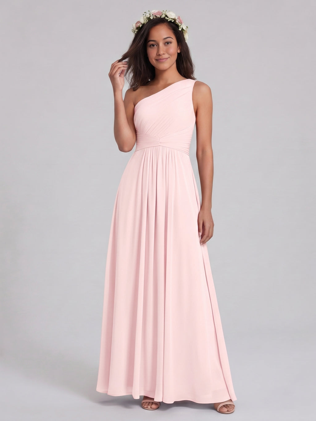 Coquette Blushing Pink Chiffon A-Line One Shoulder Back Zip Ankle-Length Bridesmaid Dress