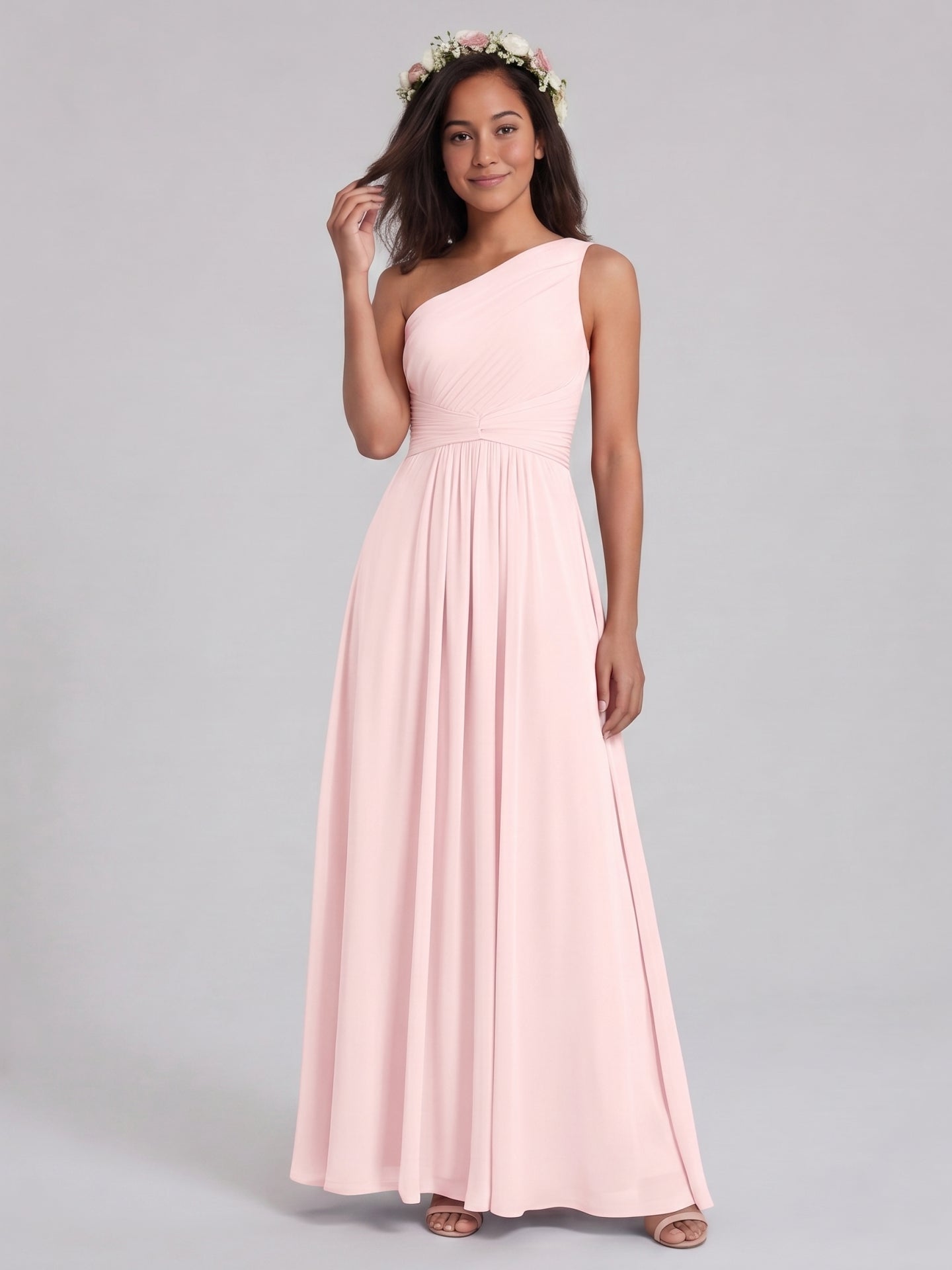 Coquette Blushing Pink Chiffon A-Line One Shoulder Back Zip Ankle-Length Bridesmaid Dress