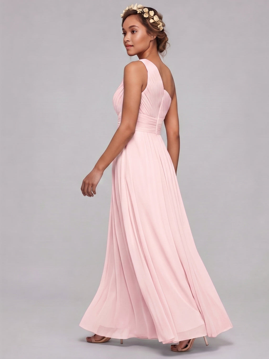 Coquette Blushing Pink Chiffon A-Line One Shoulder Back Zip Ankle-Length Bridesmaid Dress