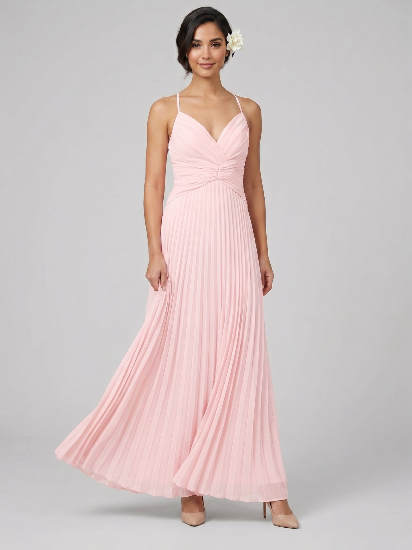 Coquette Blushing Pink Chiffon A-Line Sweetheart Backless Ankle-Length with Pleated Bridesmaid Dress