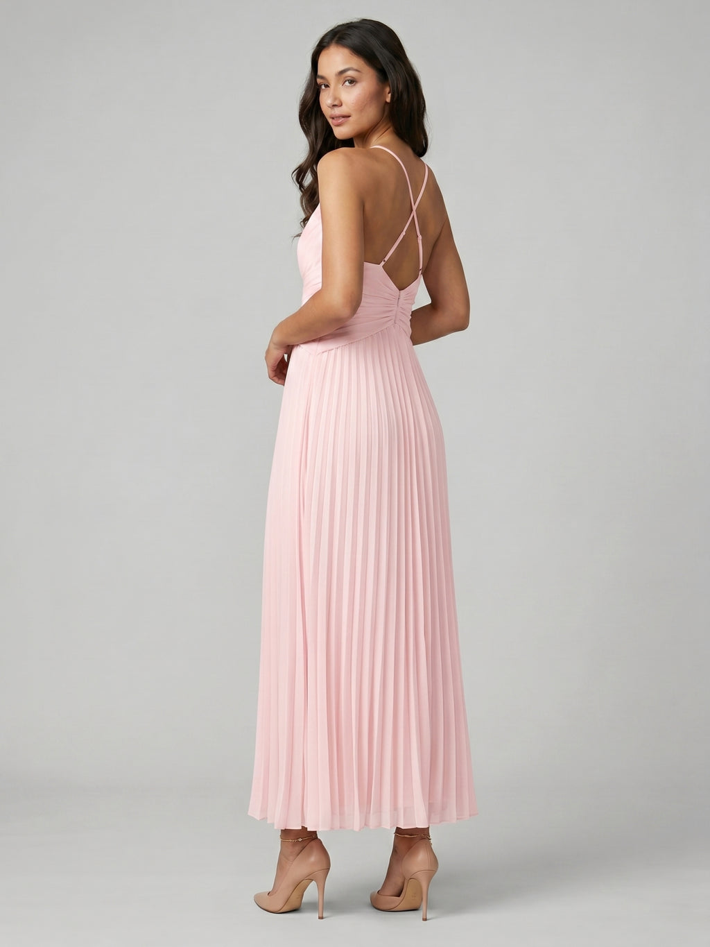 Coquette Blushing Pink Chiffon A-Line Sweetheart Backless Ankle-Length with Pleated Bridesmaid Dress