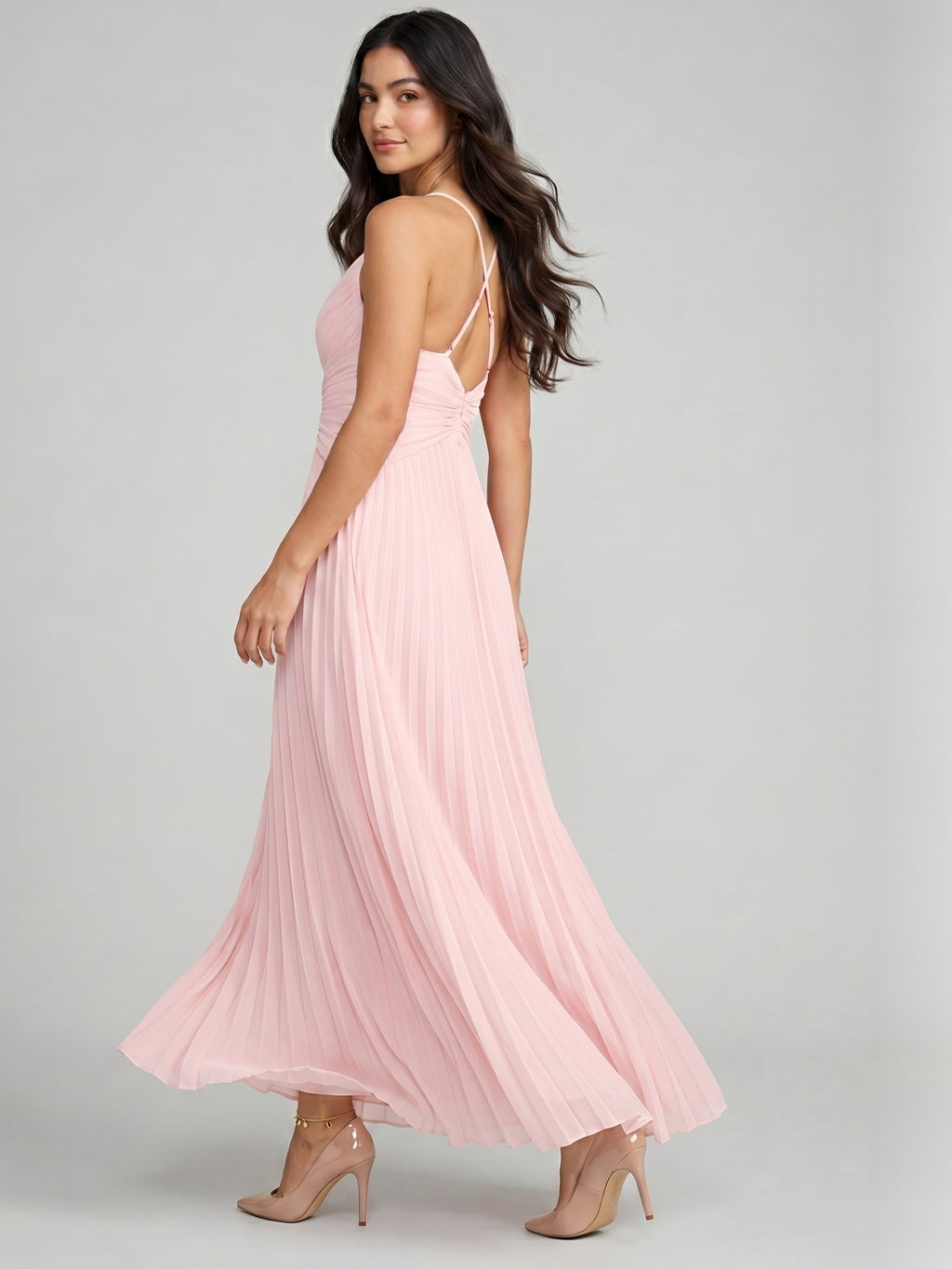 Coquette Blushing Pink Chiffon A-Line Sweetheart Backless Ankle-Length with Pleated Bridesmaid Dress
