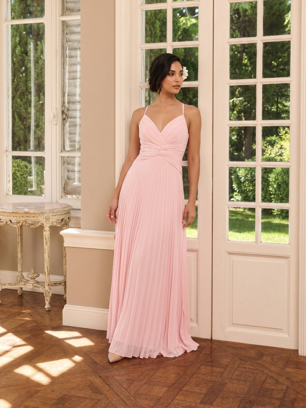 Coquette Blushing Pink Chiffon A-Line Sweetheart Backless Ankle-Length with Pleated Bridesmaid Dress