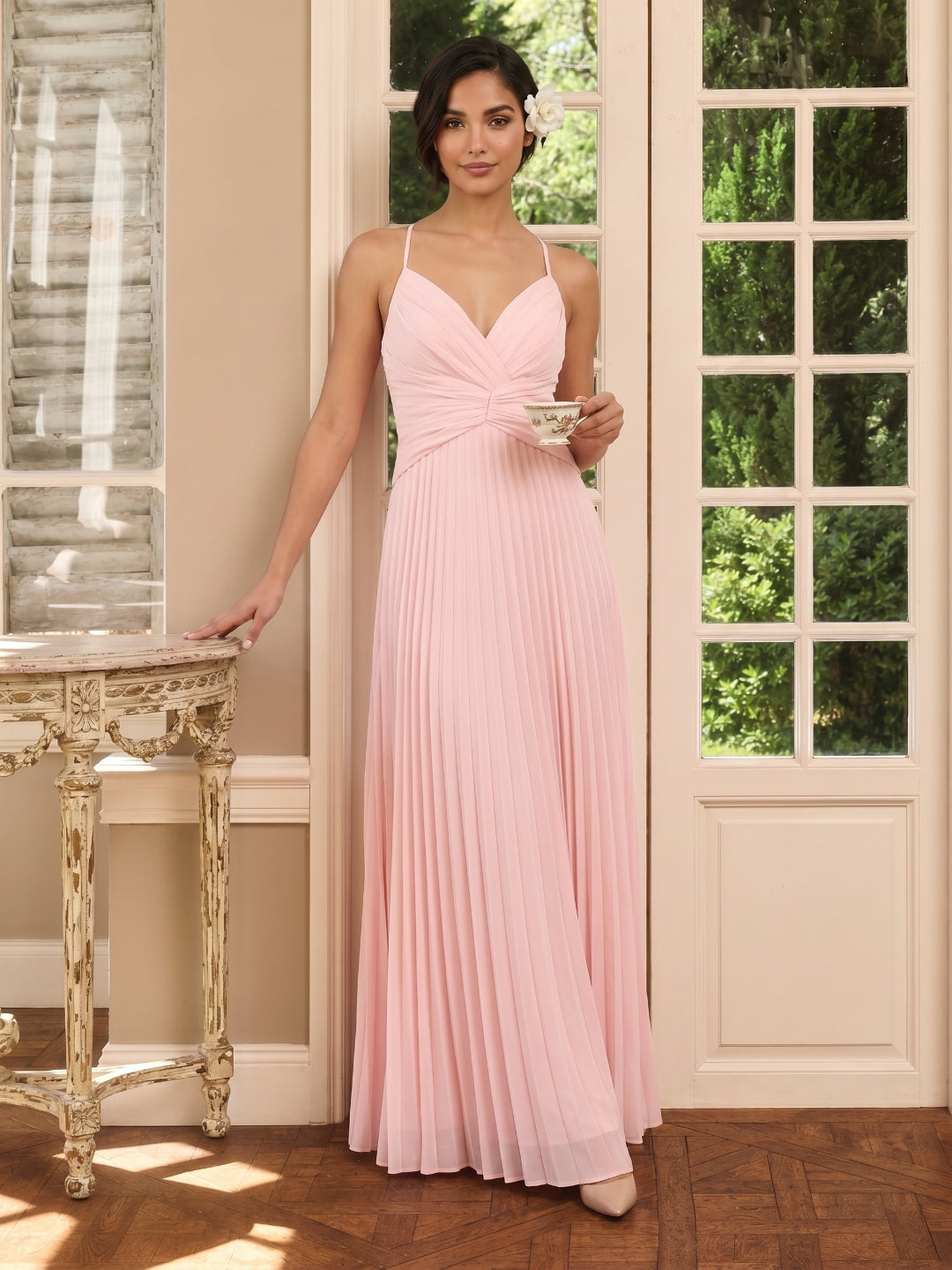 Coquette Blushing Pink Chiffon A-Line Sweetheart Backless Ankle-Length with Pleated Bridesmaid Dress