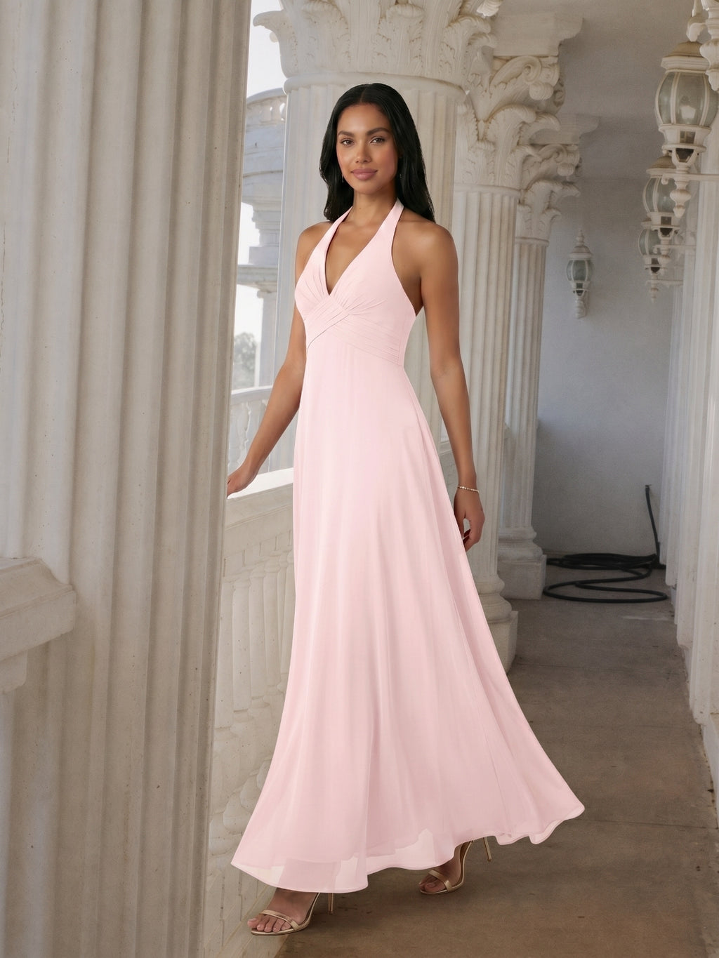 Coquette Blushing Pink Chiffon A-Line V-Neck Ankle-Length Bridesmaid Dress