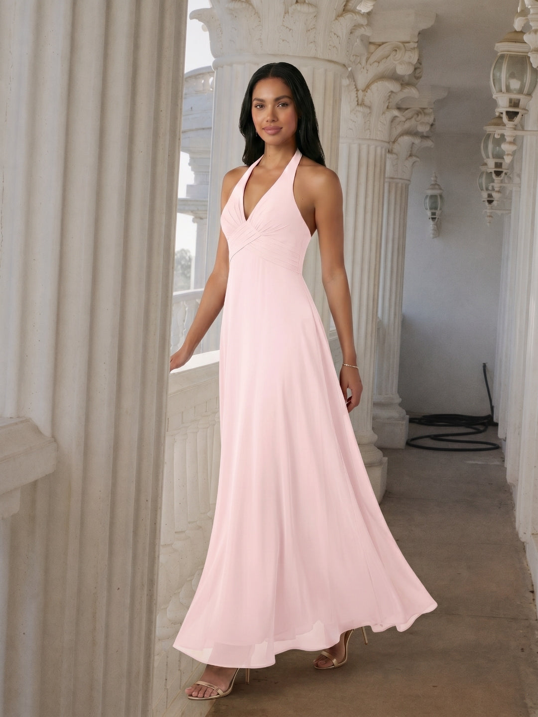 Coquette Blushing Pink Chiffon A-Line V-Neck Ankle-Length Bridesmaid Dress