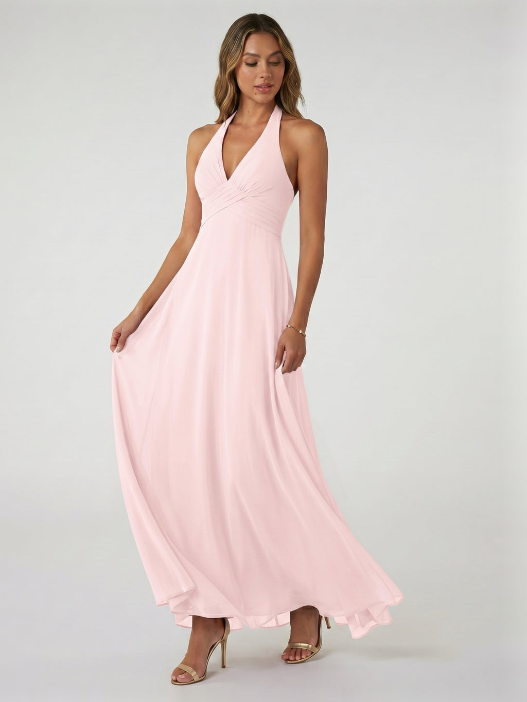 Coquette Blushing Pink Chiffon A-Line V-Neck Ankle-Length Bridesmaid Dress