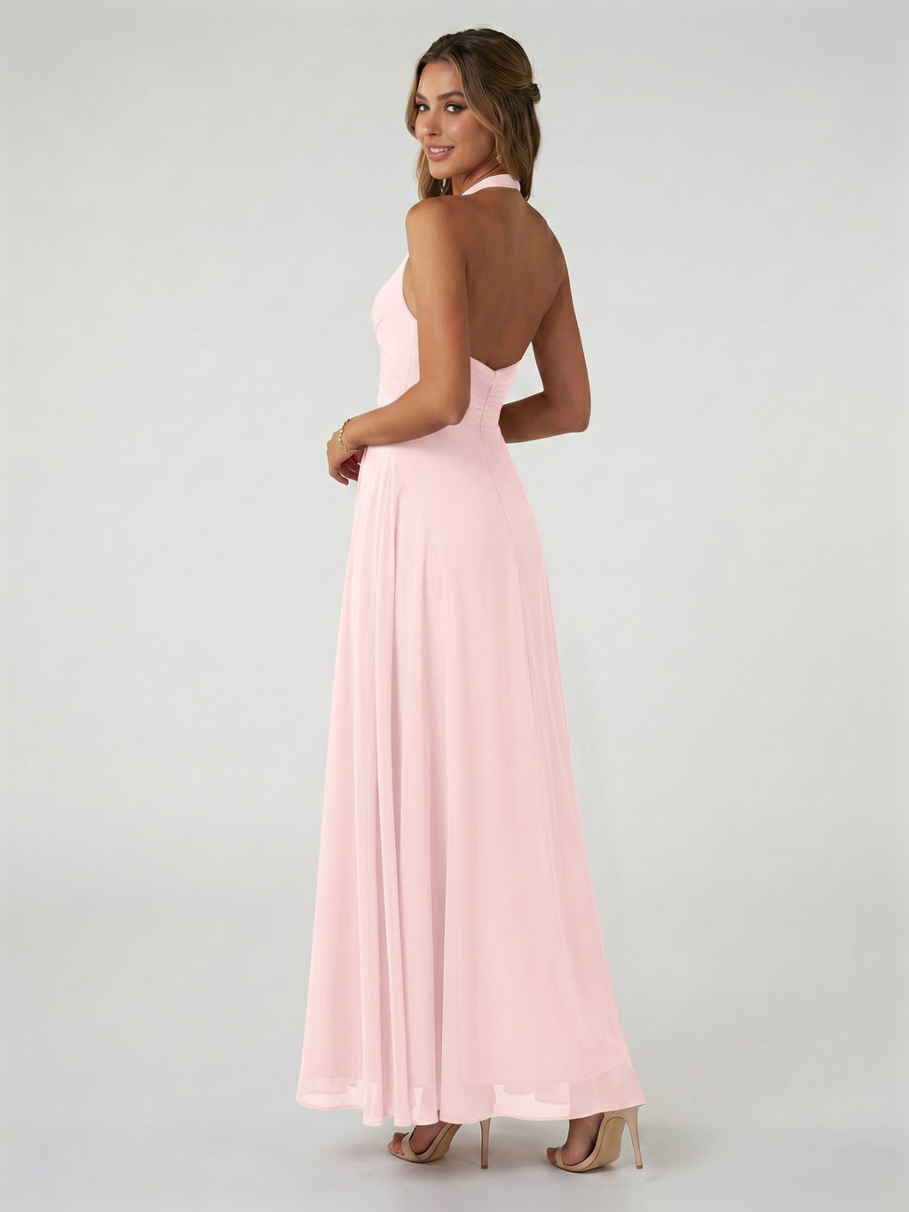 Coquette Blushing Pink Chiffon A-Line V-Neck Ankle-Length Bridesmaid Dress