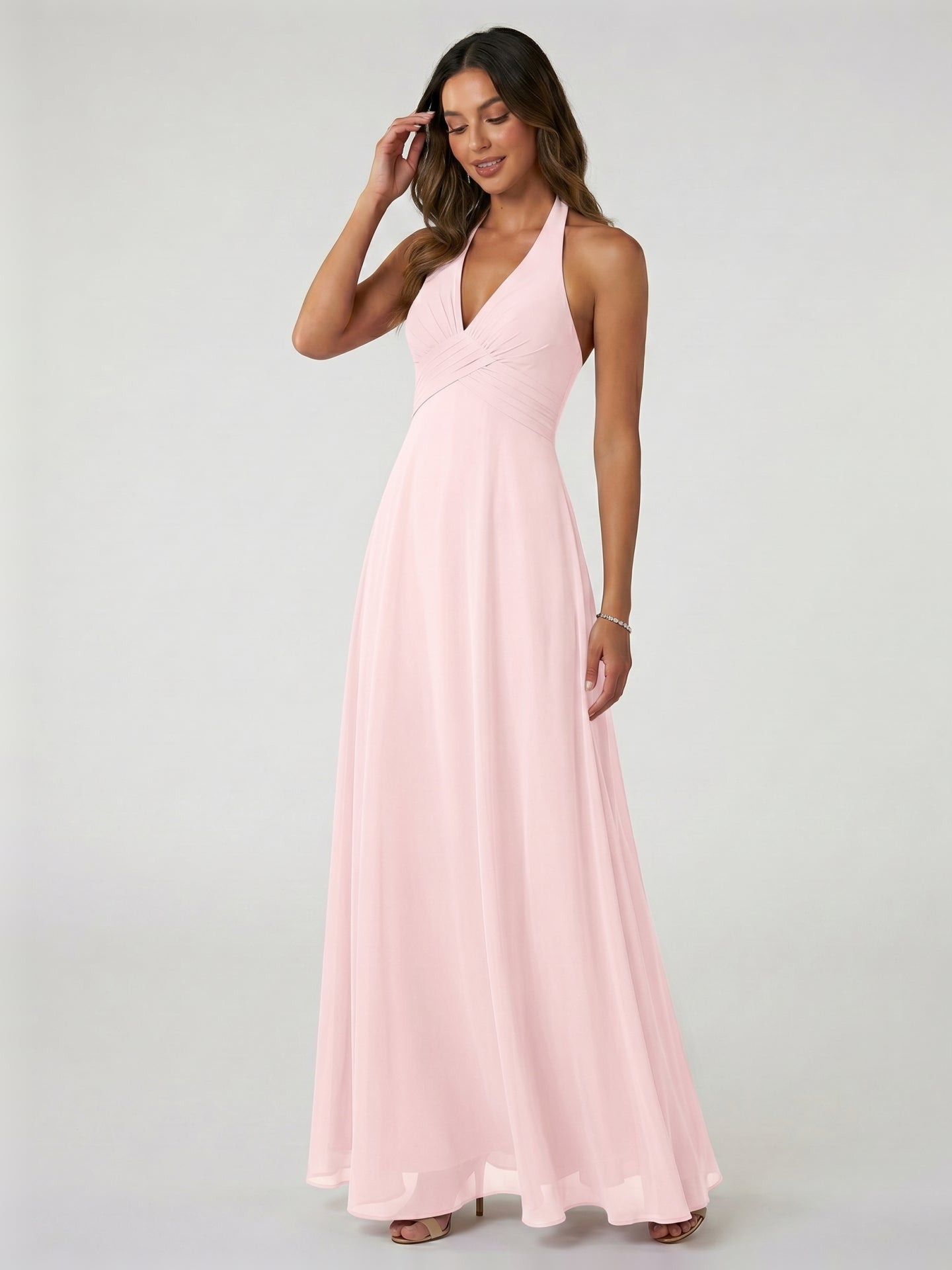 Coquette Blushing Pink Chiffon A-Line V-Neck Ankle-Length Bridesmaid Dress