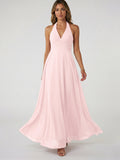 Coquette Blushing Pink Chiffon A-Line V-Neck Ankle-Length Bridesmaid Dress