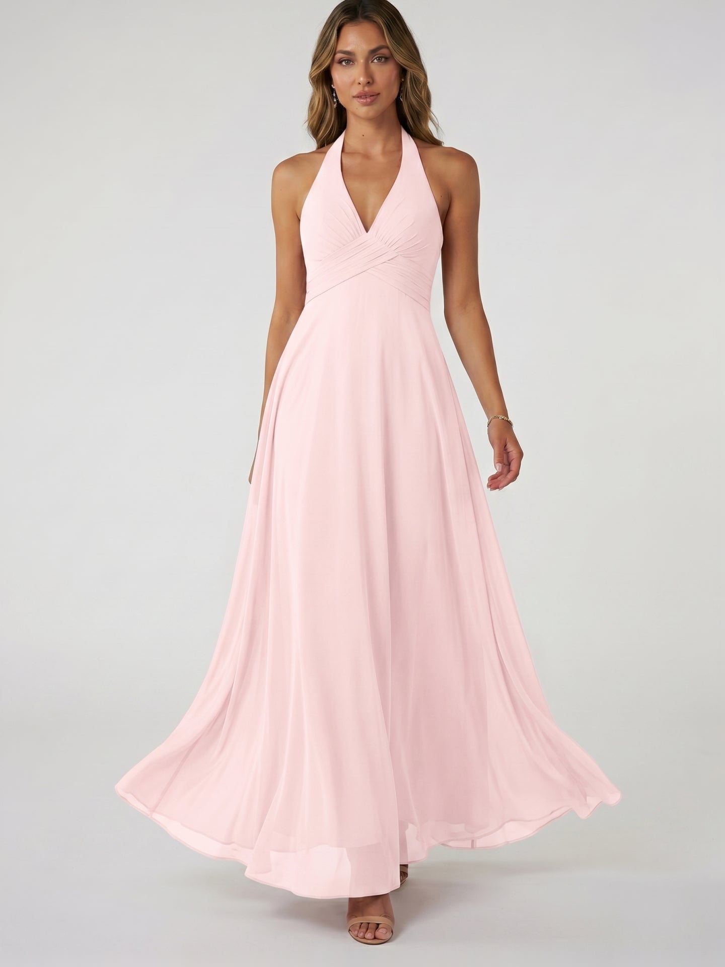 Coquette Blushing Pink Chiffon A-Line V-Neck Ankle-Length Bridesmaid Dress