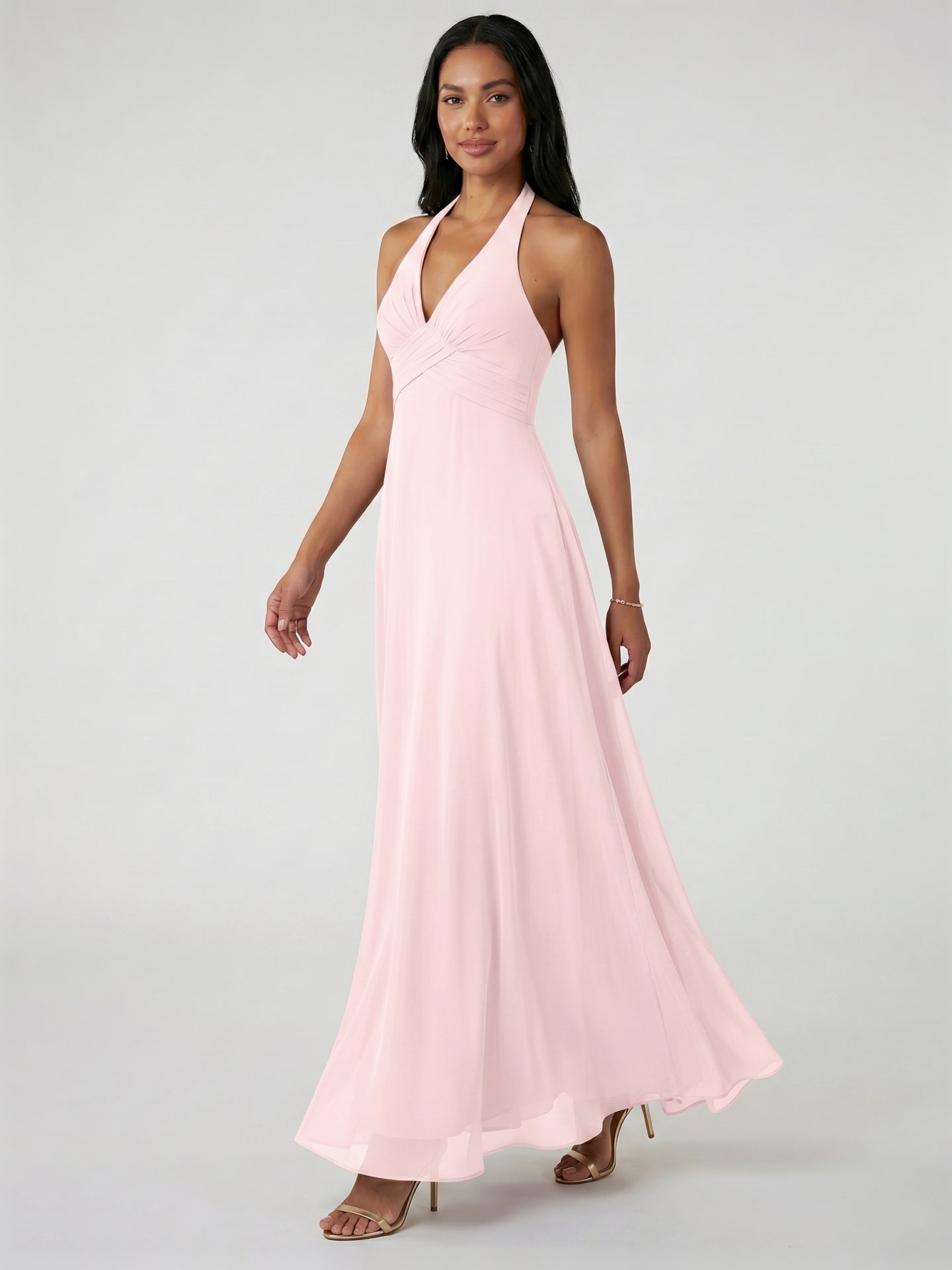 Coquette Blushing Pink Chiffon A-Line V-Neck Ankle-Length Bridesmaid Dress