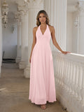 Coquette Blushing Pink Chiffon A-Line V-Neck Ankle-Length Bridesmaid Dress